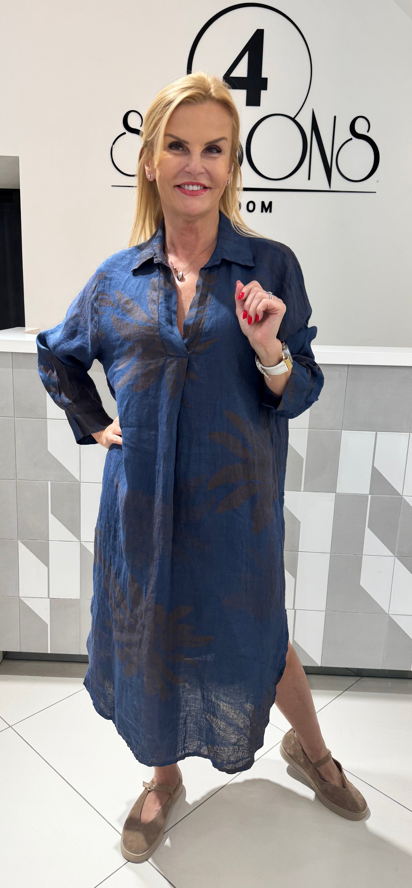 Lino suknelė su gėlėmis (S214)