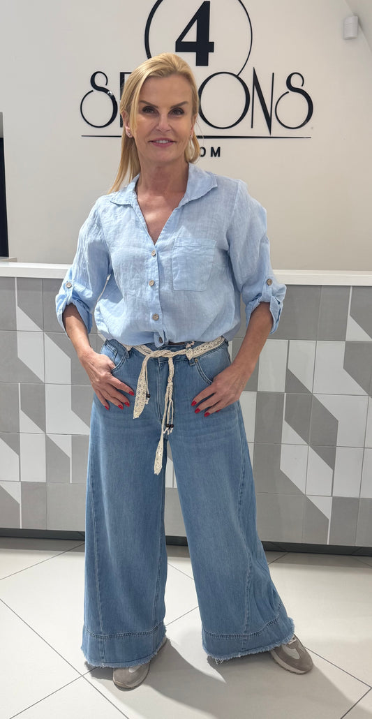 Džinsai su nėriniuotu  dirželiu (K623)