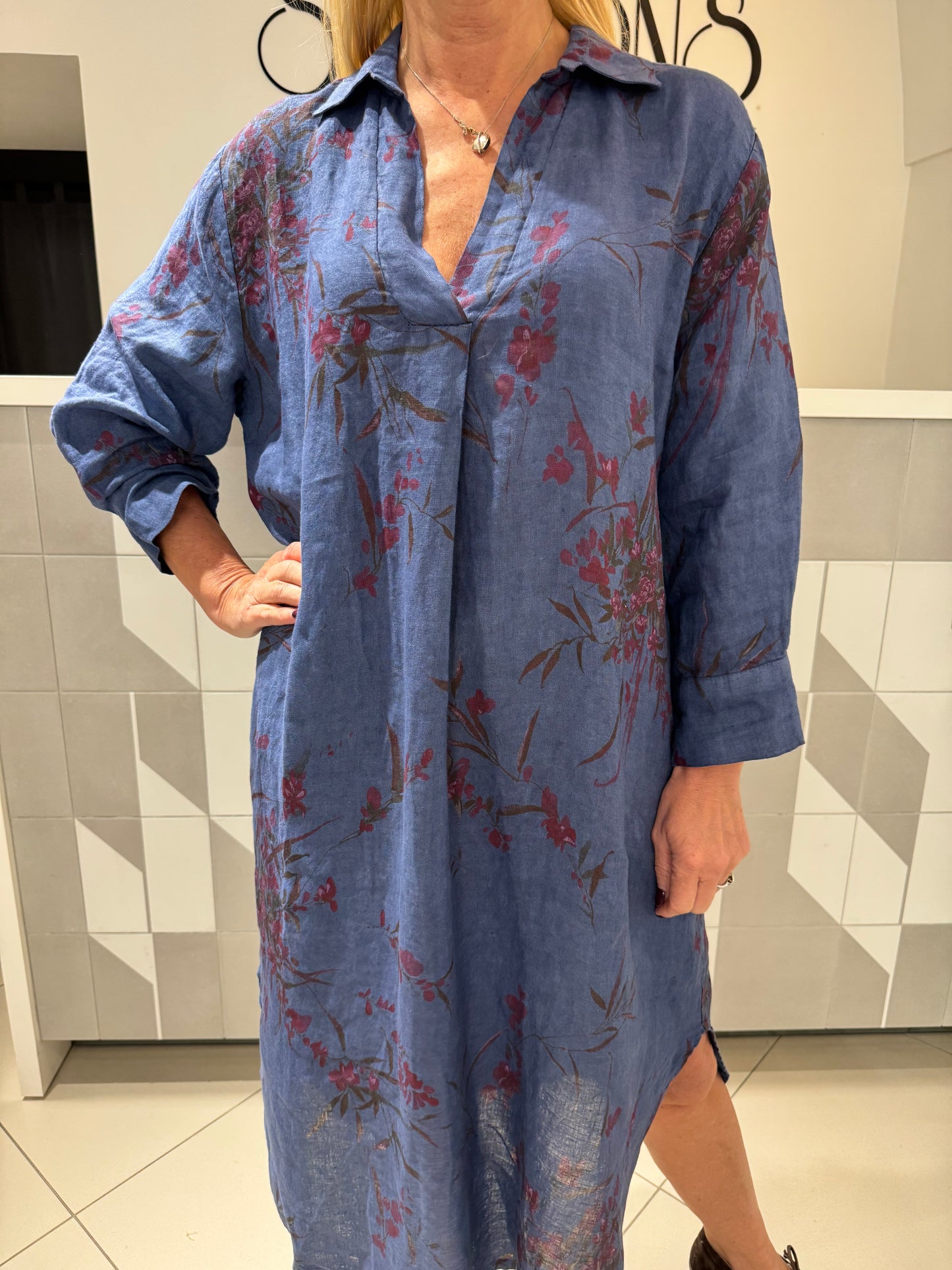 Lino suknelė su gėlėmis (S207)